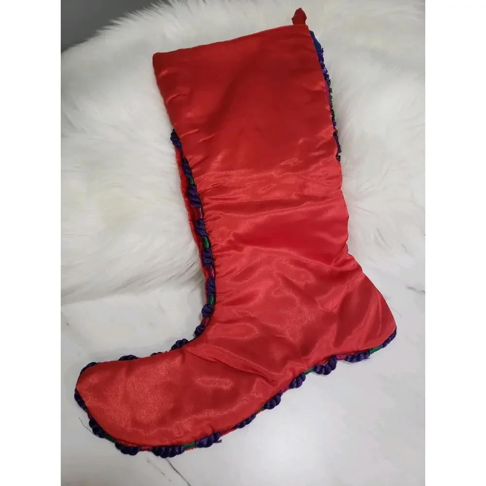 1 PIER 1 IMPORTS Jester Elf Boot Red Purple Peacock Silky Christmas Stocking‎
